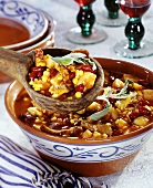 Hearty pan-cooked bean dish with veal and sweetcorn