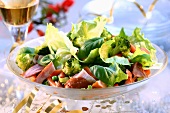 Salad leaves with vegetables and smoked turkey breast