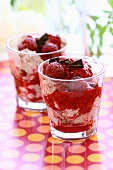 Quark dessert with raspberries and chocolate curls