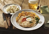 Meat and vegetables in aspic, fried potatoes, coleslaw & beer