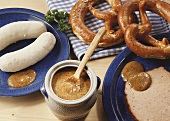 Weisswurst (white sausages) & meatloaf with mustard & pretzels