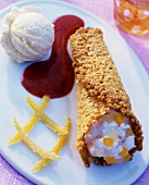 Cannelons with cream, fruit and honey ice cream