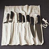 Various kitchen knives in fabric case