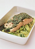 Salmon fillet with herb crust on leeks