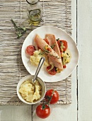Salmon trout with tomatoes and mashed potato