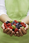 Hand holding an assortment of berries