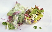 Gemischter Salat im Frischhaltebeutel und Plastikbehälter
