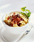 Spaghetti with mince sauce and red kidney beans