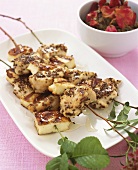 Cheese and chicken kebabs with aubergine dip