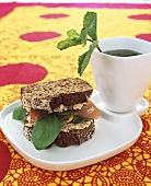 Smoked salmon and spinach sandwich, peppermint tea