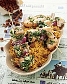Salmon and onion kebabs on couscous (N. Africa)