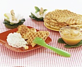 Herb waffles with quark dip and apple puree for children