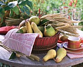 Autumn table decoration: pears and cereal ears in basket