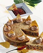 Tortilla cake with chilli mince filling