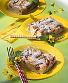 Three pieces of rhubarb and nectarine cake