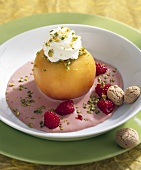 Poached peach with cold raspberry sabayon