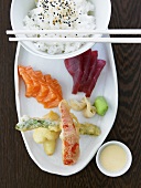 Chirashi sushi with vegetable tempura and rice (Japan)