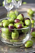 Fresh olives in glass dish