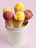 Assorted ice creams in cones