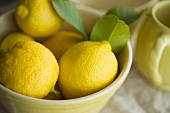 Lemons with leaves in a bowl