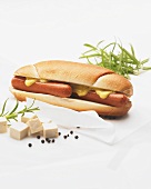 Hot dog with mustard and tofu cubes