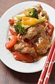 Sweet and sour pork with peppers and broccoli (Asia)