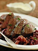 Beef on red cabbage salad