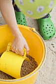 Woman scooping chicken feed out of a bucket