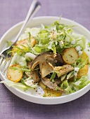 Lukewarm fried potato salad with ceps and caraway seeds