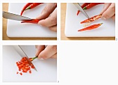 Halving, deseeding and dicing a chilli