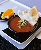 Spicy bean soup with guacamole, tortilla and ice cream