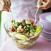 Mixing vegetable salad with boiled egg in salad bowl