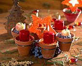 Advent wreath of small terracotta pots in metal holder
