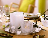 Snowflakes as candle holders on tray with Christmas roses
