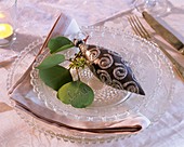 Eucalyptus used as place-card and silver & grey tree ornament