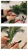 Making a garland of conifer greenery