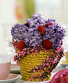 Hyacinths and daisies in a pot with broom