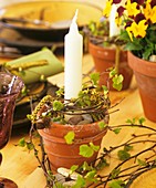 Fresh birch leaves decorating candle, horned violets behind 