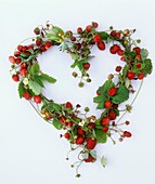 Strawberries with leaves and flowers forming a heart