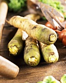 Heirloom carrots on wooden table