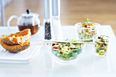 Various salads with cheese and tea