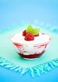 Dish of yoghurt with raspberries