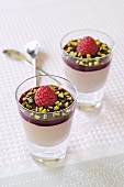 Chestnut cream with raspberry coulis and chopped pistachios