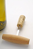 Corkscrew beside wine bottle