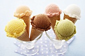 Ice cream cones with different flavours of ice cream