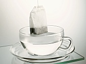Tea bag hanging over a glass cup of hot water