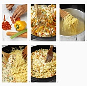 Making spaghettini with vegetables and mozzarella