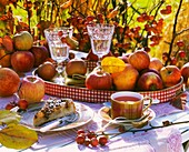 Apple cake, apples & tea on table with autumnal decorations