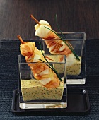Potato-wrapped fish kebabs with herb and mustard sauce