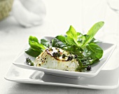 Baked goat's cheese with lavender flowers and corn salad
